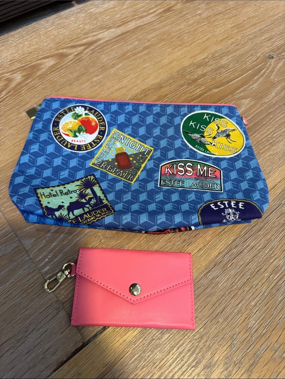 Estee Lauder Blue Logo Patch Cosmetic Pouch with Pink Card Wallet